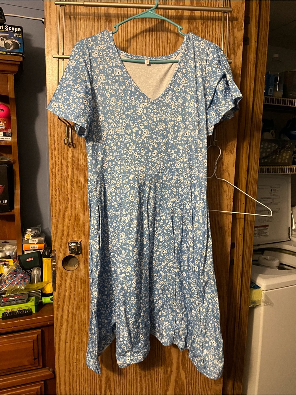 Blue Floral V-Neck Midi Dress with Short Flutter Sleeves
